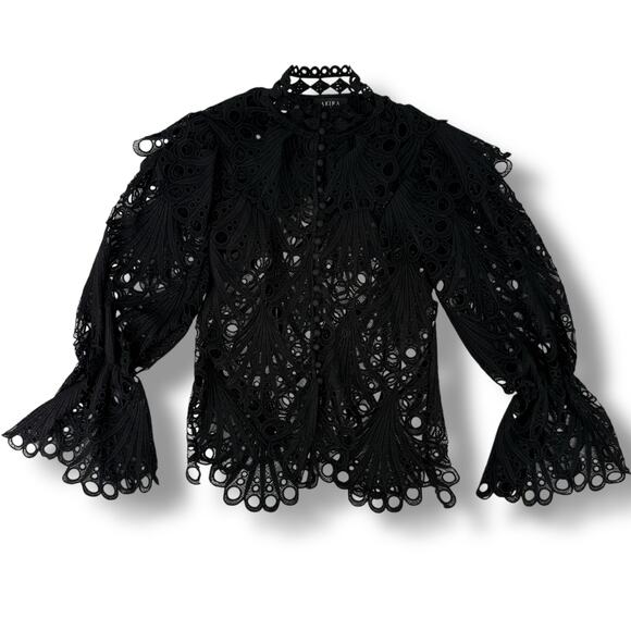 AKIRA Tops - Akira Sheer Eyelet Cutout Shirt High Collar Bell Sleeve Womens Sz Medium Black